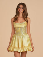 Selima | Yellow - A Line Scoop Neck Satin Corset Ruffled Homecoming Dresses With Beadings