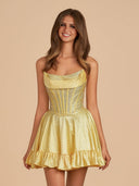 Selima | Yellow - A Line Scoop Neck Satin Corset Ruffled Homecoming Dresses With Beadings