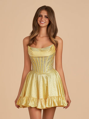 Selima | Yellow - A Line Scoop Neck Satin Corset Ruffled Homecoming Dresses With Beadings