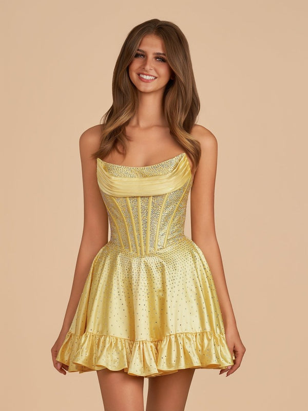 Selima | Yellow - A Line Scoop Neck Satin Corset Ruffled Homecoming Dresses With Beadings