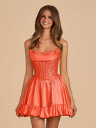 Selima | Bright Orange - A Line Scoop Neck Satin Corset Ruffled Homecoming Dresses With Beadings