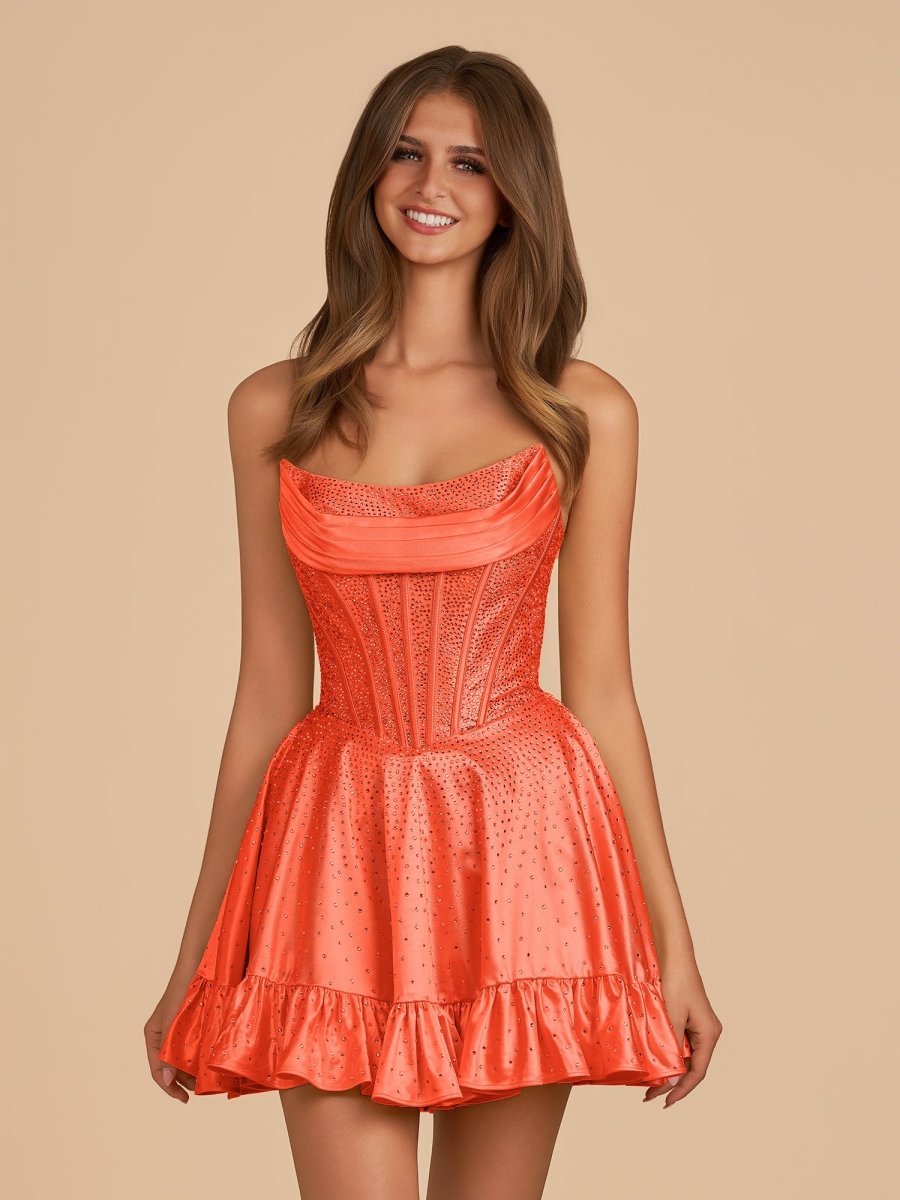 Selima | Bright Orange - A Line Scoop Neck Satin Corset Ruffled Homecoming Dresses With Beadings