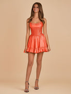 Selima | Bright Orange - A Line Scoop Neck Satin Corset Ruffled Homecoming Dresses With Beadings