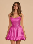 Selima | Fuchsia - A Line Scoop Neck Satin Corset Ruffled Homecoming Dresses With Beadings