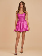 Selima | Fuchsia - A Line Scoop Neck Satin Corset Ruffled Homecoming Dresses With Beadings