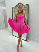 Selima | Fuchsia - A Line Scoop Neck Satin Corset Ruffled Homecoming Dresses With Beadings