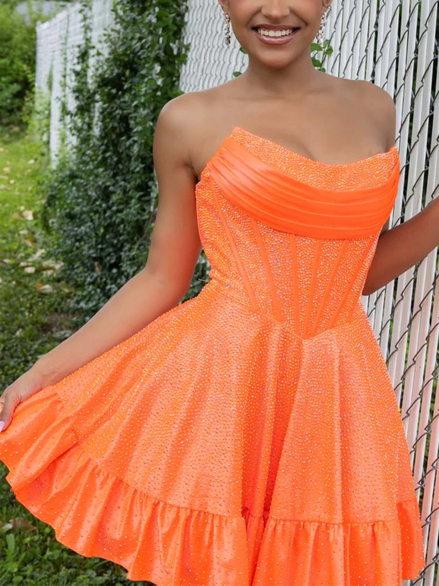 Selima | Orange - A Line Scoop Neck Satin Corset Ruffled Homecoming Dresses With Beadings