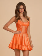 Selima | Orange - A Line Scoop Neck Satin Corset Ruffled Homecoming Dresses With Beadings