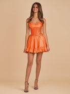 Selima | Orange - A Line Scoop Neck Satin Corset Ruffled Homecoming Dresses With Beadings