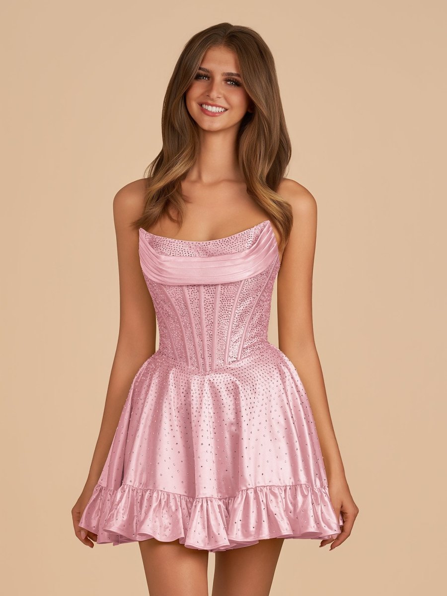 Selima | Pink - A Line Scoop Neck Satin Corset Ruffled Homecoming Dresses With Beadings