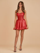 Selima | Red - A Line Scoop Neck Satin Corset Ruffled Homecoming Dresses With Beadings