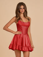 Selima | Red - A Line Scoop Neck Satin Corset Ruffled Homecoming Dresses With Beadings