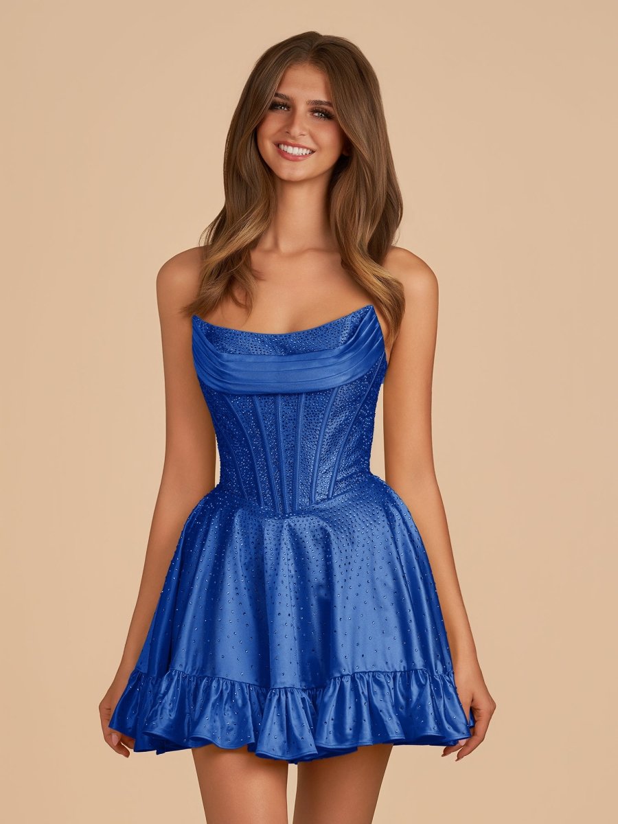 Selima | Royal Blue - A Line Scoop Neck Satin Corset Ruffled Homecoming Dresses With Beadings