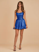 Selima | Royal Blue - A Line Scoop Neck Satin Corset Ruffled Homecoming Dresses With Beadings