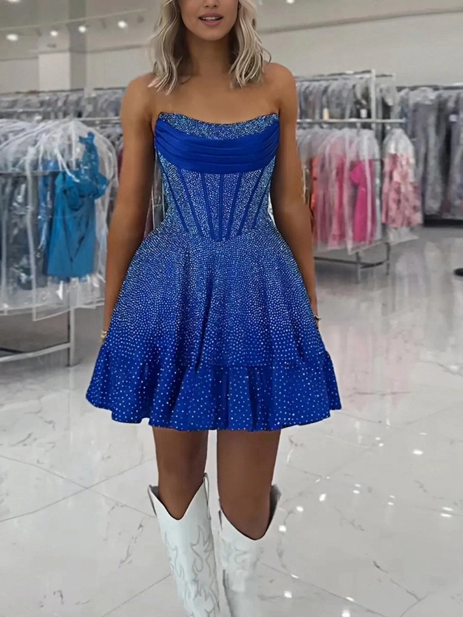 Selima | Royal Blue - A Line Scoop Neck Satin Corset Ruffled Homecoming Dresses With Beadings