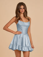 Selima | Sky Blue - A Line Scoop Neck Satin Corset Ruffled Homecoming Dresses With Beadings - KissProm