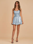Selima | Sky Blue - A Line Scoop Neck Satin Corset Ruffled Homecoming Dresses With Beadings - KissProm
