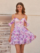 Seliora | Purple - A Line Off the Shoulder Floral Ruffles Short Homecoming Dresses