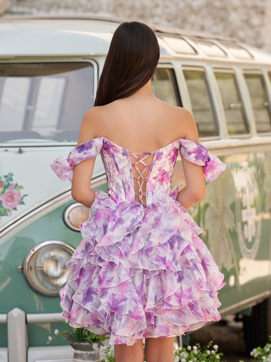 Purple - A Line Off the Shoulder Floral Ruffles Short Homecoming Dresses Purple / 4 Purple - A Line Off the Shoulder Floral Ruffles Short Homecoming Dresses Purple / 4