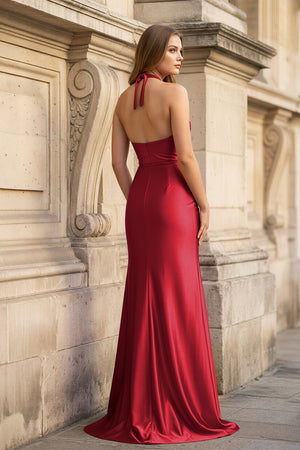 Floral Applique Halter Fuchsia Mermaid Prom Dress with Cut-out