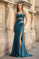 Floral Applique Halter Fuchsia Mermaid Prom Dress with Cut - out - KissProm