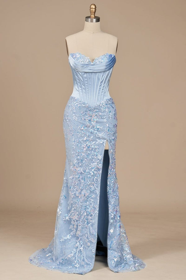 Seliya | Sky Blue - Strapless Mermaid Sequined Lace Long Formal Prom Dresses With Slit - KissProm