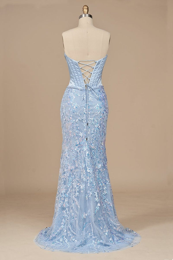 Seliya | Sky Blue - Strapless Mermaid Sequined Lace Long Formal Prom Dresses With Slit - KissProm