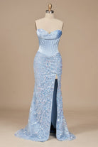 Seliya | Sky Blue - Strapless Mermaid Sequined Lace Long Formal Prom Dresses With Slit - KissProm