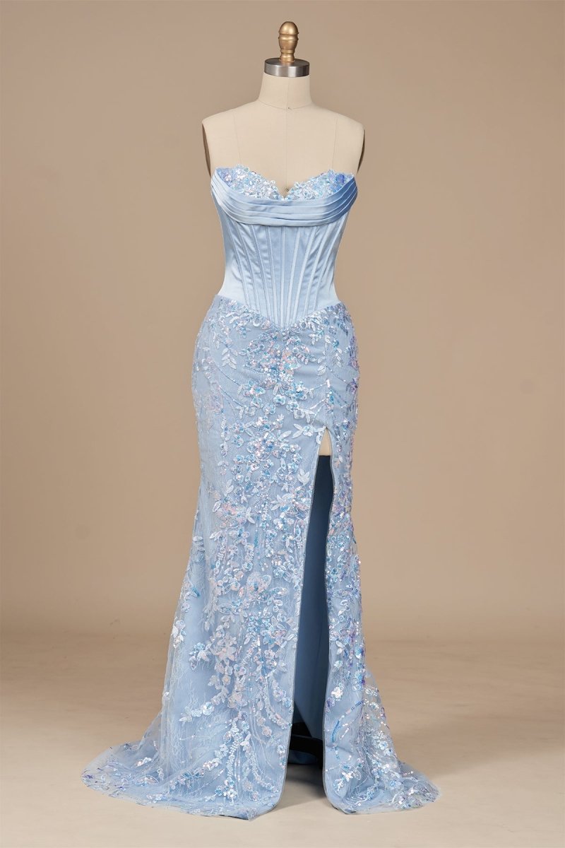 Seliya | Sky Blue - Strapless Mermaid Sequined Lace Long Formal Prom Dresses With Slit - KissProm