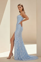 Seliya | Sky Blue - Strapless Mermaid Sequined Lace Long Formal Prom Dresses With Slit - KissProm