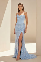 Seliya | Sky Blue - Strapless Mermaid Sequined Lace Long Formal Prom Dresses With Slit - KissProm