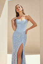 Seliya | Sky Blue - Strapless Mermaid Sequined Lace Long Formal Prom Dresses With Slit - KissProm