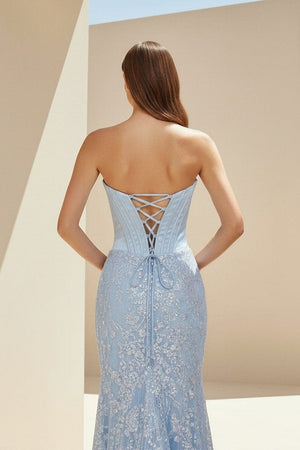 Seliya | Sky Blue - Strapless Mermaid Sequined Lace Long Formal Prom Dresses With Slit - KissProm