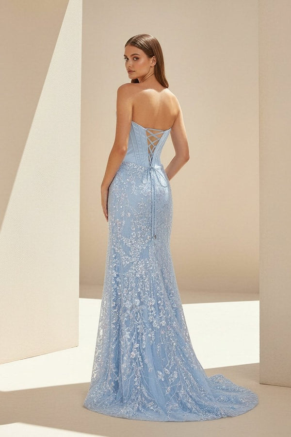 Seliya | Sky Blue - Strapless Mermaid Sequined Lace Long Formal Prom Dresses With Slit - KissProm