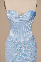 Seliya | Sky Blue - Strapless Mermaid Sequined Lace Long Formal Prom Dresses With Slit - KissProm