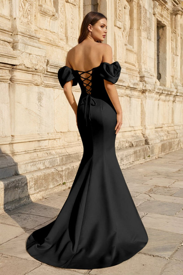 Yellow Satin Off - the - Shoulder Mermaid Pleated Long Formal Prom Dress with Sleeves - KissProm