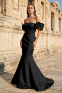 Yellow Satin Off - the - Shoulder Mermaid Pleated Long Formal Prom Dress with Sleeves - KissProm