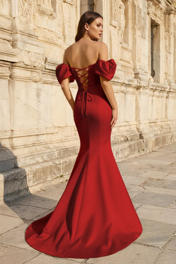 Yellow Satin Off - the - Shoulder Mermaid Pleated Long Formal Prom Dress with Sleeves - KissProm