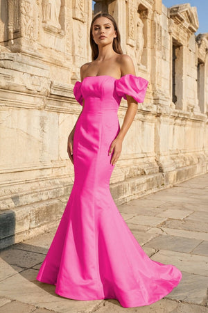 Yellow Satin Off - the - Shoulder Mermaid Pleated Long Formal Prom Dress with Sleeves - KissProm