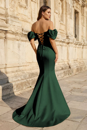 Yellow Satin Off - the - Shoulder Mermaid Pleated Long Formal Prom Dress with Sleeves - KissProm