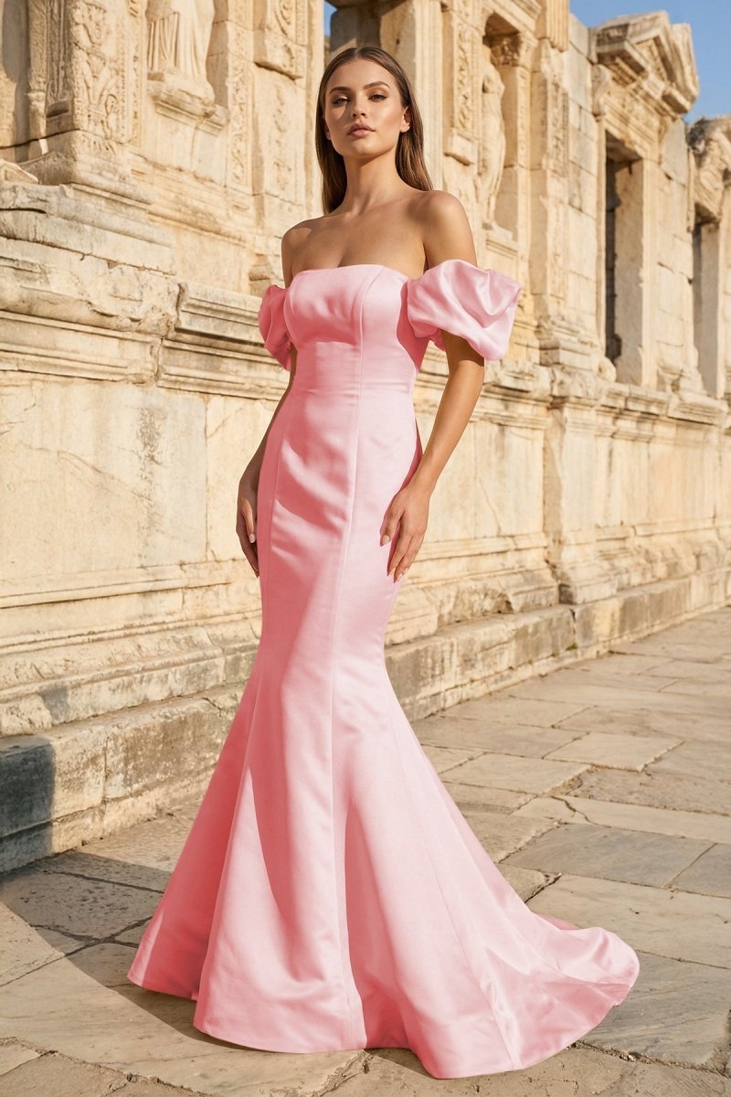 Yellow Satin Off-the-Shoulder Mermaid Pleated Long Formal Prom Dress w