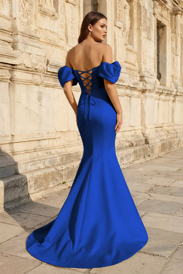 Yellow Satin Off - the - Shoulder Mermaid Pleated Long Formal Prom Dress with Sleeves - KissProm