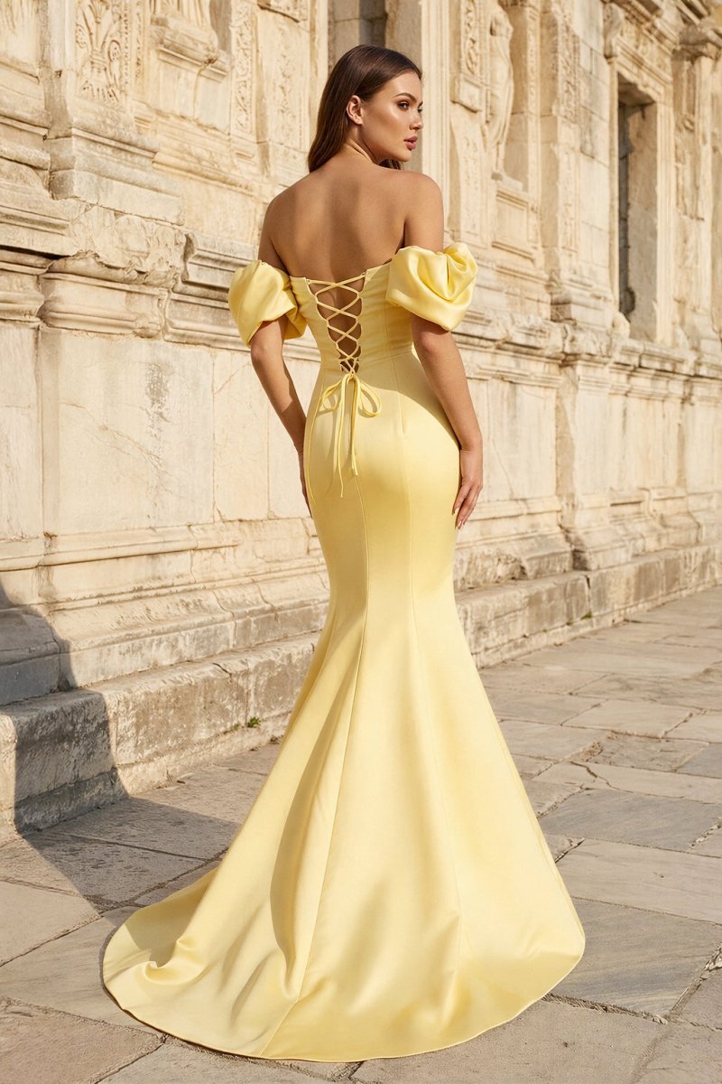 KissProm Yellow Satin Off-the-Shoulder Mermaid Pleated Long Formal Prom Dress with Sleeves, Yellow / 8