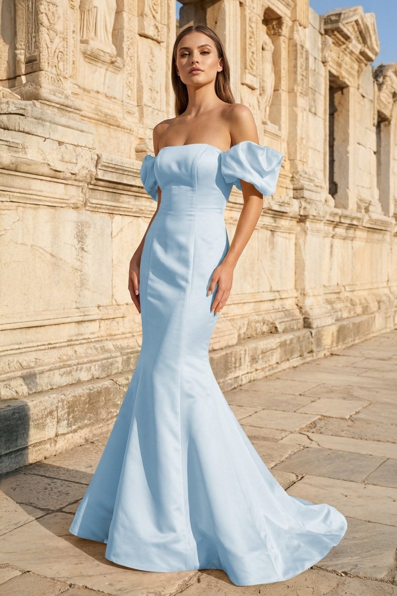 KissProm Yellow Satin Off-the-Shoulder Mermaid Pleated Long Formal Prom Dress with Sleeves, Sky Blue / 16