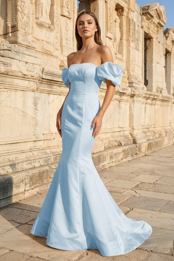 Yellow Satin Off - the - Shoulder Mermaid Pleated Long Formal Prom Dress with Sleeves - KissProm