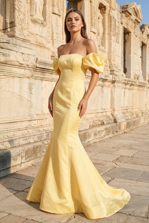 Yellow Satin Strapless Mermaid Pleated Long Formal Prom Dress with Sleeves - KissProm