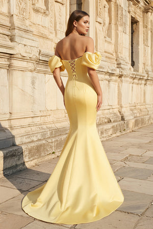 Yellow Satin Strapless Mermaid Pleated Long Formal Prom Dress with Sleeves - KissProm