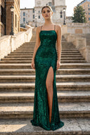 Burgundy Sequin Lace-Up Back Long Prom Dress with Slit - KISSPROM PROM DRESSES
