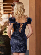Sequin Off The Shoulder Lace Up-Corset Short Homecoming Dress With Feather