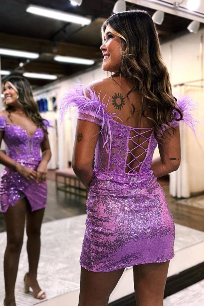 purple feather homecoming dress Sequins Lace Homecoming Dress Off the Shoulder Short Dresses with Feat –  SheerGirl main image 0